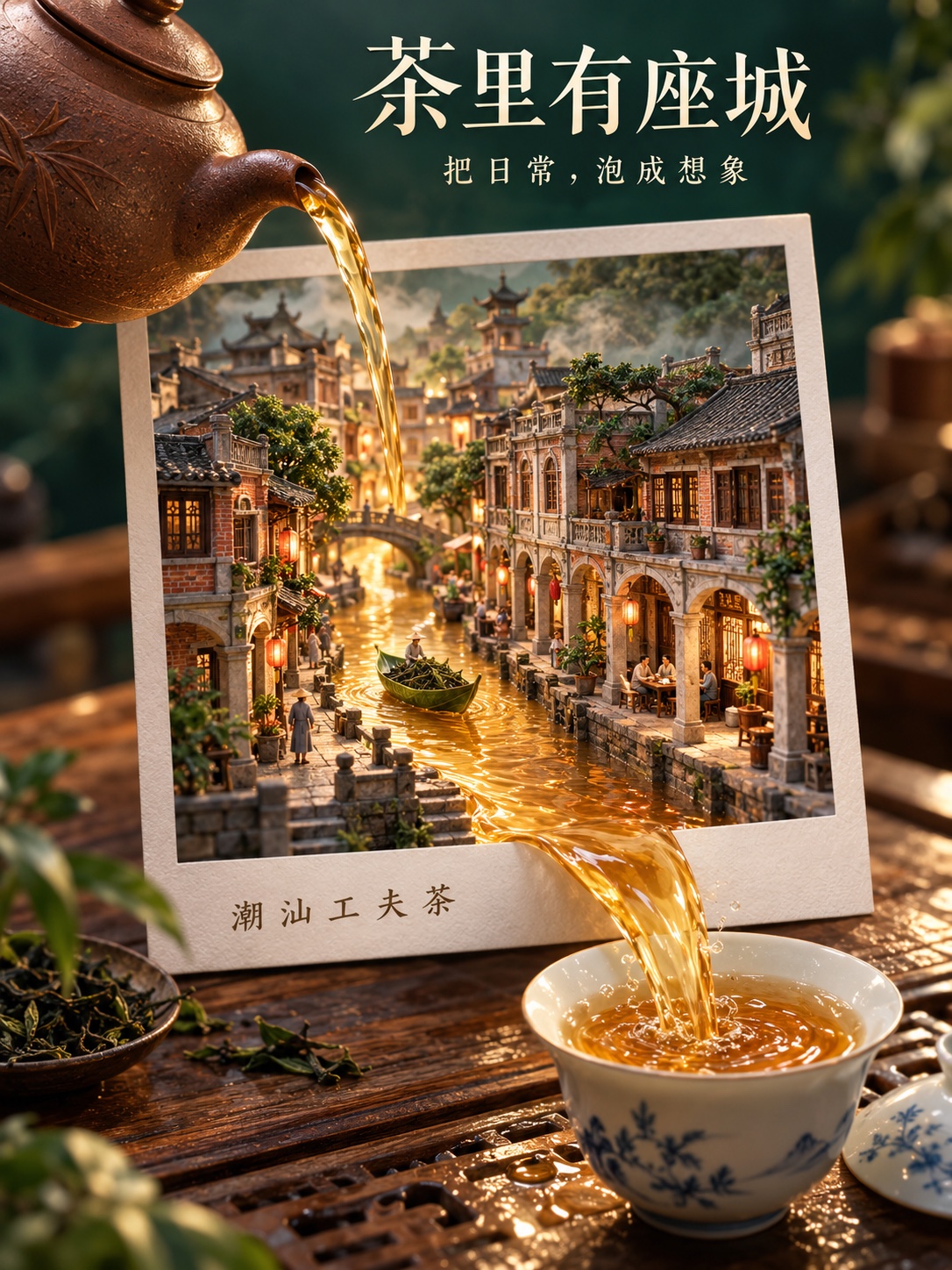 金色茶河穿过微缩潮汕小城，流出拍立得相框并落入茶杯的创意海报
