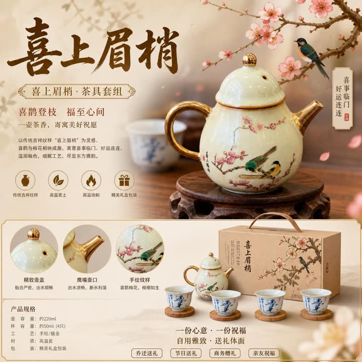 喜上眉梢茶壶生成后的宣传海报